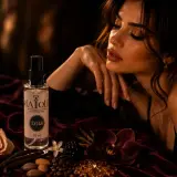 Kobieta w zmysłowej pozie, obok buteleczka perfum i kwiaty. Uwodzicielskie perfumy damskie, które podkreślą Twój naturalny wdzięk.