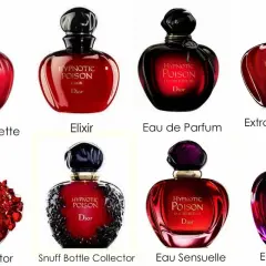 Kolekcja flakonów Hypnotic Poison Dior: Eau de Toilette, Elixir, Eau de Parfum, Extrait de Parfum, Rubis Collector, Snuff Bottle Collector, Eau Sensuelle, Eau Secrete.