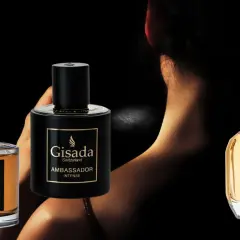 Trzy flakony perfum Gisada Switzerland: Ambassador Intense, Ambassador i Ambassador.