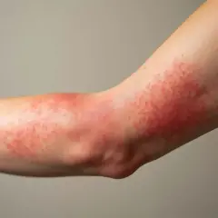 Ramię z zaczerwienioną, swędzącą wysypką, objawem alergii skórnej.