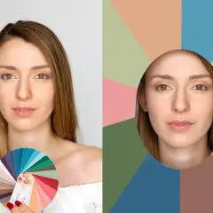 Analiza kolorystyczna: jaki mam typ urody? Kobieta z paletą barw i twarzą na tle geometrycznych kształtów.