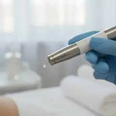 Dłoń w niebieskiej rękawiczce trzyma urządzenie do mikronakłuwania z kropelką serum.