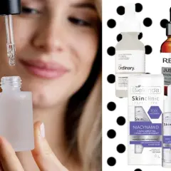 Kobieta aplikuje serum z niacynamidem 5%. Na drugim planie kosmetyki z niacynamidem 10%.