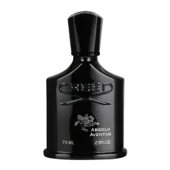 Czarna, lśniąca butelka perfum Creed Absolu Aventus z wytłoczonym logo i jeźdźcem.