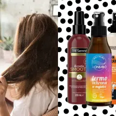 Kobieta aplikuje spray termoochronny na włosy. Obok trzy produkty do stylizacji, w tym ranking najlepszych sprayów termoochronnych.