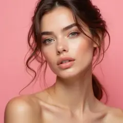 Portret młodej kobiety z delikatnym makijażem, emanującej naturalnym pięknem. Jej skóra jest nieskazitelna, a spojrzenie pełne blasku. Stylizacja "clean girl" podkreśla jej subtelność.