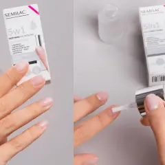 Dłoń aplikuje odżywkę do paznokci Semilac 5w1 Crystal Strong. Dbałość o onynail dla pięknych i mocnych paznokci.