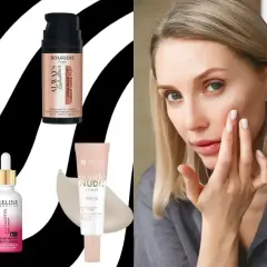 Kobieta aplikuje na twarz праймер. Obok kosmetyki: Bielenda, Bourjois, Eveline, Wings.