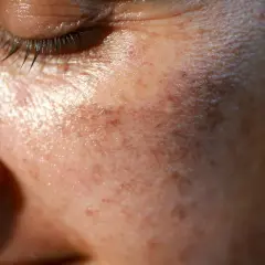 Zbliżenie na twarz z widocznymi przebarwieniami i jaśniejszymi plamami, sugerującymi vitiligo. Skóra jest lekko błyszcząca.