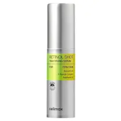 Srebrna buteleczka z serum celimax retinal shot. Zapewnia jędrną skórę dzięki retinolu i peptydom.