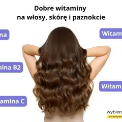 Kobieta z długimi, brązowymi włosami, otoczona etykietami z witaminami. Idealne tabletki na porost włosów.