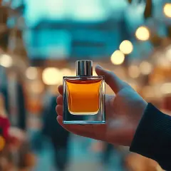 Elegancka buteleczka perfum z bursztynowym płynem, emanująca bogactwem paczula zapach.