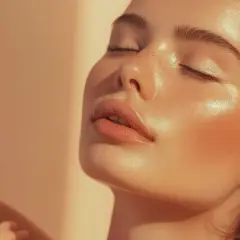 Delikatna twarz z piegami i lśniącą, dewy skin w ciepłym świetle.