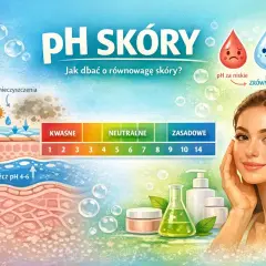 Ilustracja pokazuje warstwy skóry, skalę pH i zdrową cerę. Dbanie o równowagę skóry jest kluczowe.