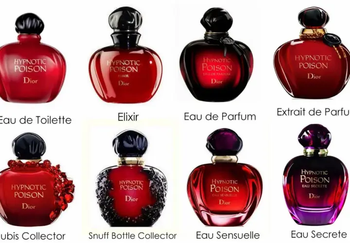 Kolekcja flakonów Hypnotic Poison Dior: Eau de Toilette, Elixir, Eau de Parfum, Extrait de Parfum, Rubis Collector, Snuff Bottle Collector, Eau Sensuelle, Eau Secrete.