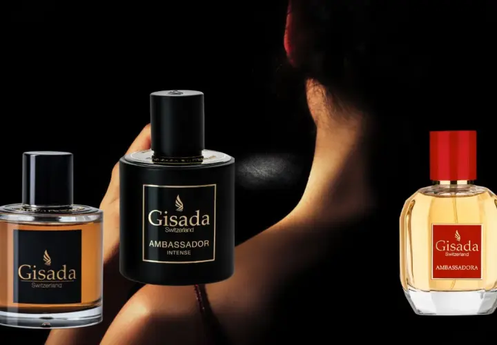 Trzy flakony perfum Gisada Switzerland: Ambassador Intense, Ambassador i Ambassador.