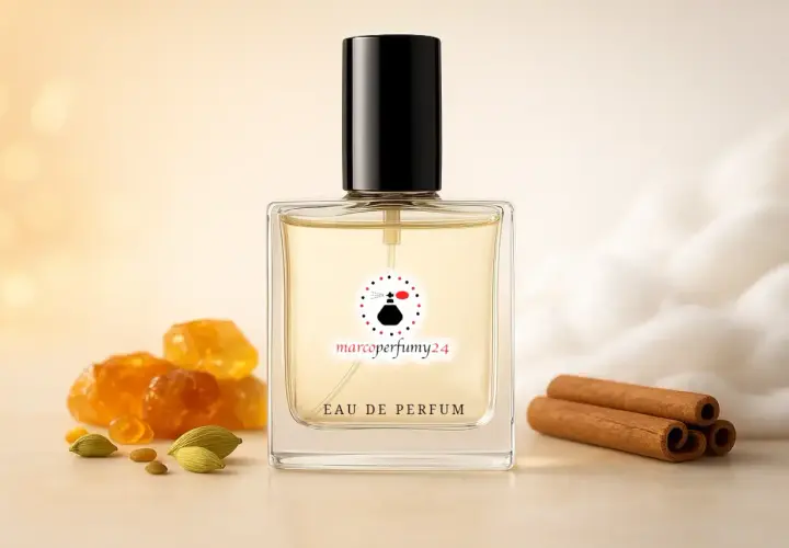 Elegancka butelka perfum z nutami piżma, cynamonu i kardamonu. Otoczona bursztynowymi kryształkami i puszystą watą.