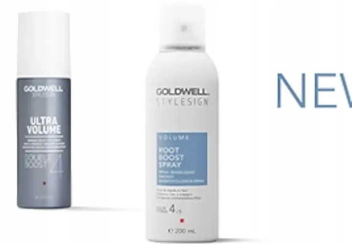 Porównanie starej i nowej wersji sprayu unoszącego włosy u nasady Goldwell. Nowy produkt w białym opakowaniu, poprzednik w szarym.