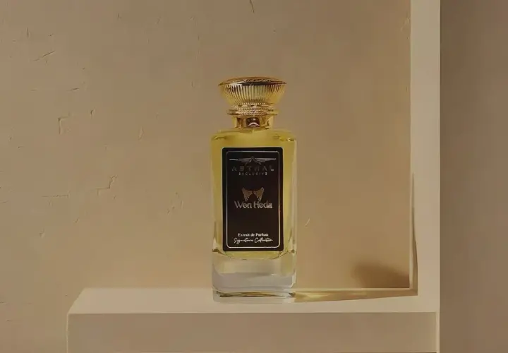 Elegancka butelka perfum "Won Hedia" z nutami kadzidła, w złotym korku, na tle teksturowanej ściany.