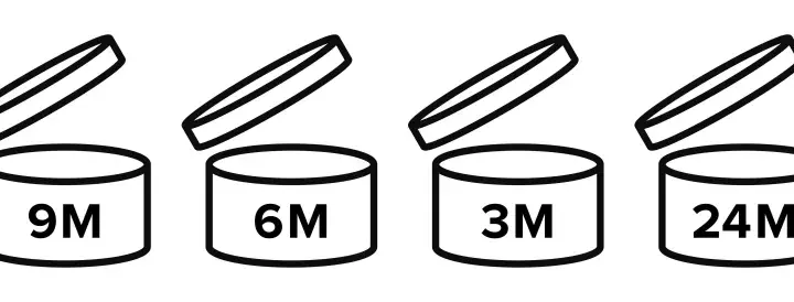 Ikony symbolizujące okres trwałości produktu po otwarciu: 12M, 9M, 6M, 3M, 24M, 36M. Sprawdź exp na opakowaniu.