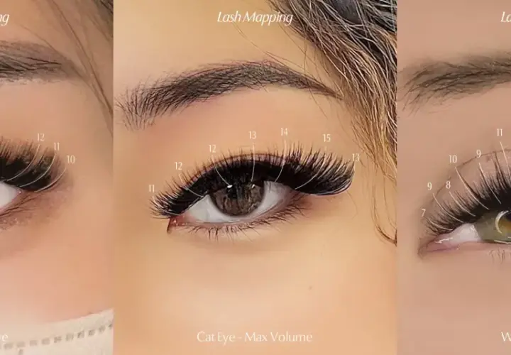 Trzy zbliżenia na oko z doczepianymi rzęsami. Widoczne różne techniki: Wispy Cat Eye, Cat Eye - Max Volume. Rzęsy kocie oko tworzą efektowny wachlarz.