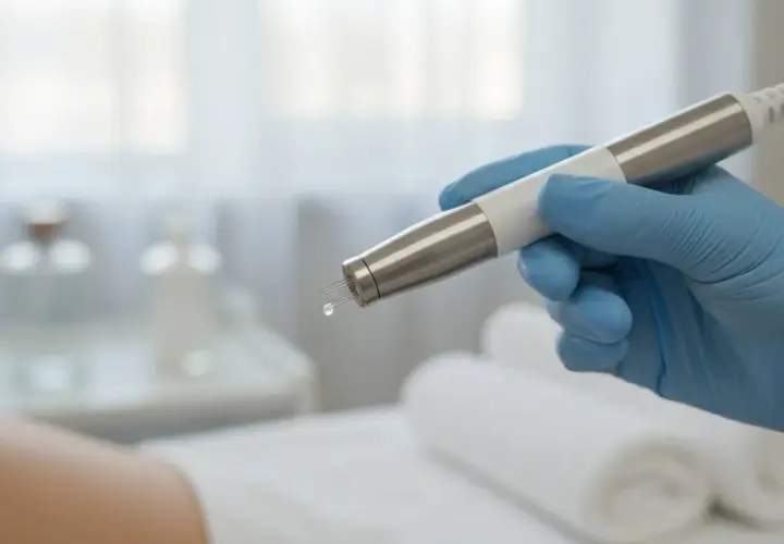 Dłoń w niebieskiej rękawiczce trzyma urządzenie do mikronakłuwania z kropelką serum.