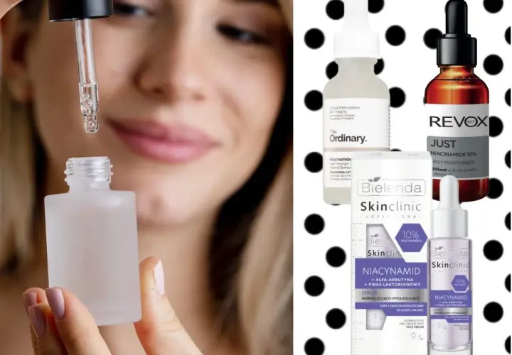Kobieta aplikuje serum z niacynamidem 5%. Na drugim planie kosmetyki z niacynamidem 10%.