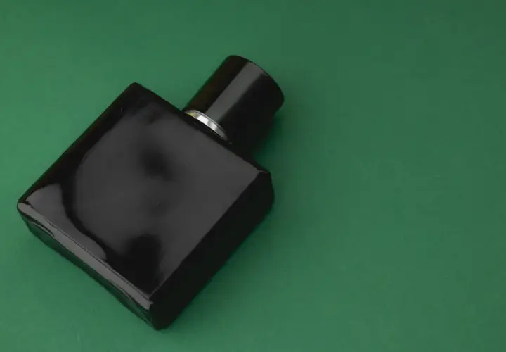 Elegancka, czarna butelka perfum z nutami **vetiver** na zielonym tle.