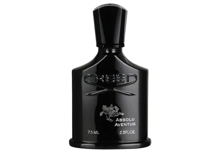 Czarna, lśniąca butelka perfum Creed Absolu Aventus z wytłoczonym logo i jeźdźcem.