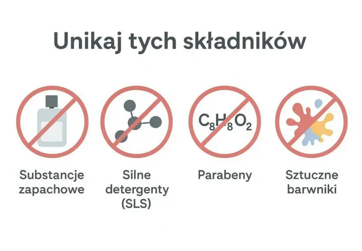 Unikaj substancji zapachowych, silnych detergentów (SLS), parabenów i sztucznych barwników dla produktów hipoalergicznych.