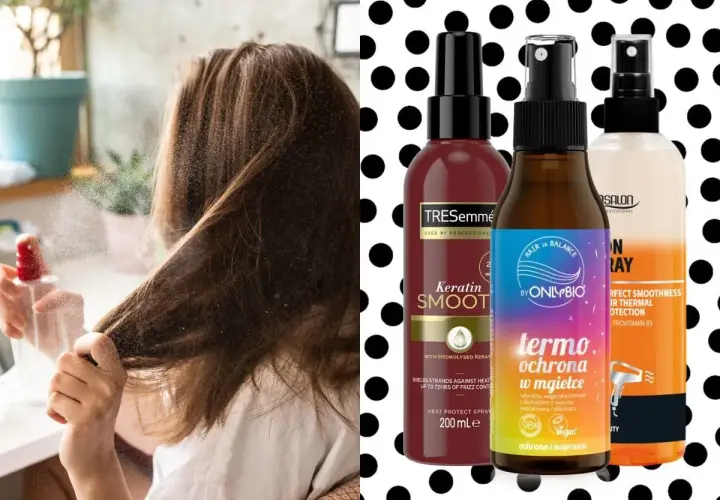 Kobieta aplikuje spray termoochronny na włosy. Obok trzy produkty do stylizacji, w tym ranking najlepszych sprayów termoochronnych.
