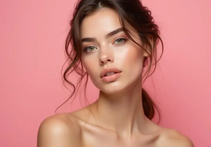 Portret młodej kobiety z delikatnym makijażem, emanującej naturalnym pięknem. Jej skóra jest nieskazitelna, a spojrzenie pełne blasku. Stylizacja "clean girl" podkreśla jej subtelność.