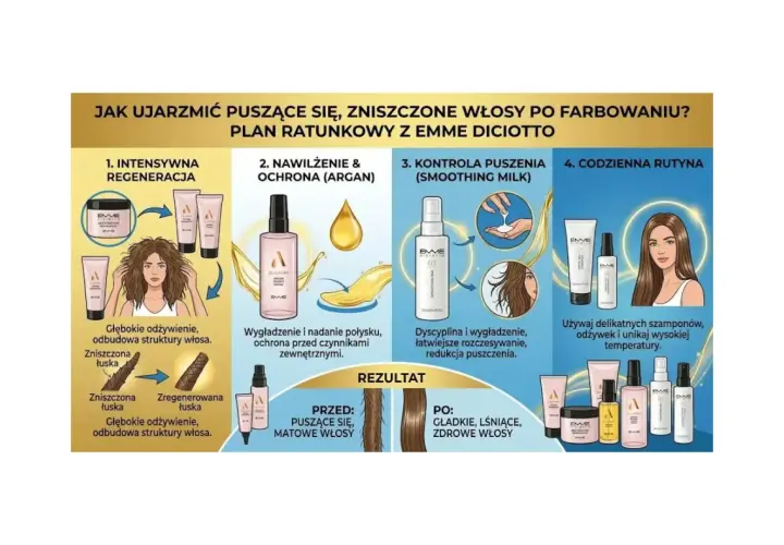 Plan ratunkowy dla zniszczonych włosów po farbowaniu: regeneracja, nawilżenie, kontrola puszenia i codzienna rutyna. Efekt: gładkie, lśniące włosy.