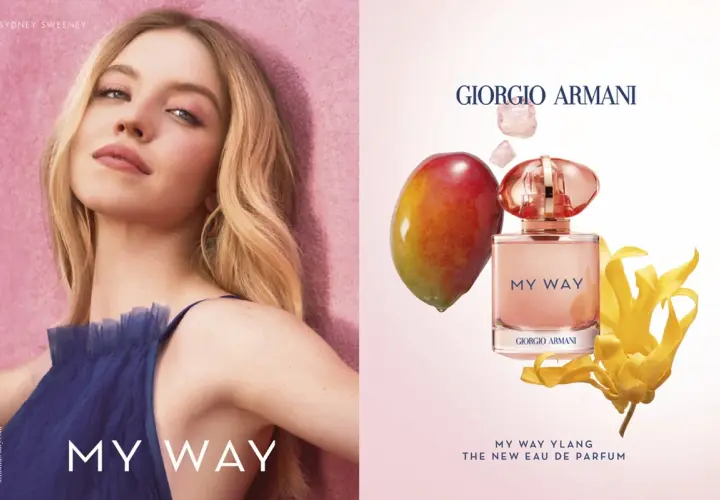 Sydney Sweeney w kampanii Giorgio Armani My Way. Flakon perfum z mango i kwiatem ylang-ylang.