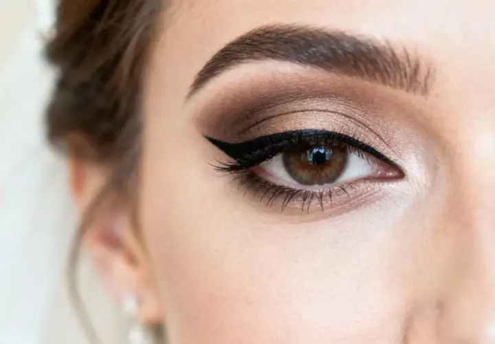 Oko kobiety o śniadej karnacji z perfekcyjną kreską eyelinera i brązowymi cieniami.