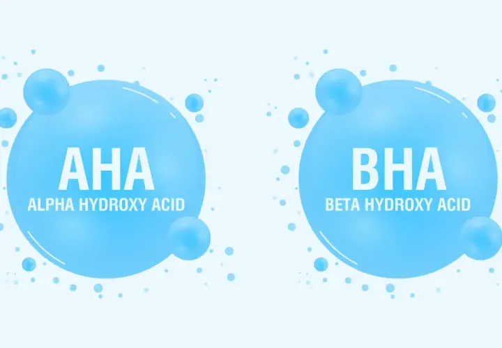 Dwa bąbelki z napisem AHA (Alpha Hydroxy Acid) i BHA (Beta Hydroxy Acid). Kwasy AHA jakie to? To składniki kosmetyków.