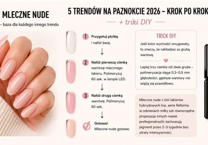 Dłoń z długimi, zadbanymi paznokciami w odcieniu mleczne nude. Obok instrukcja krok po kroku, jak uzyskać efekt mleczne nude.