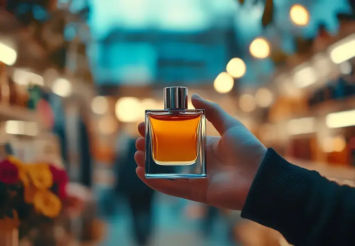 Elegancka buteleczka perfum z bursztynowym płynem, emanująca bogactwem paczula zapach.