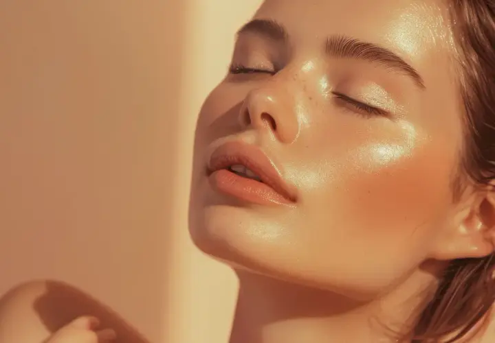 Delikatna twarz z piegami i lśniącą, dewy skin w ciepłym świetle.