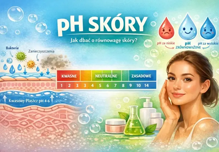 Ilustracja pokazuje warstwy skóry, skalę pH i zdrową cerę. Dbanie o równowagę skóry jest kluczowe.