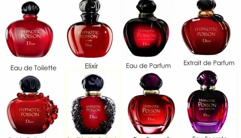 Kolekcja flakonów Hypnotic Poison Dior: Eau de Toilette, Elixir, Eau de Parfum, Extrait de Parfum, Rubis Collector, Snuff Bottle Collector, Eau Sensuelle, Eau Secrete.