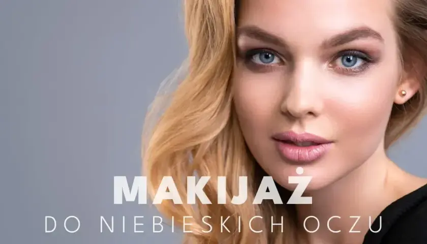 Delikatny makijaż oczu niebieskich podkreślający ich głębię. Blondynka z subtelnym smoky eye i różowymi ustami.