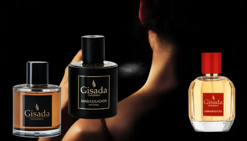 Trzy flakony perfum Gisada Switzerland: Ambassador Intense, Ambassador i Ambassador.