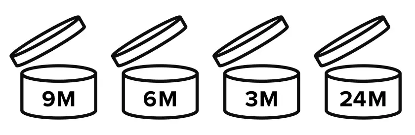 Ikony symbolizujące okres trwałości produktu po otwarciu: 12M, 9M, 6M, 3M, 24M, 36M. Sprawdź exp na opakowaniu.