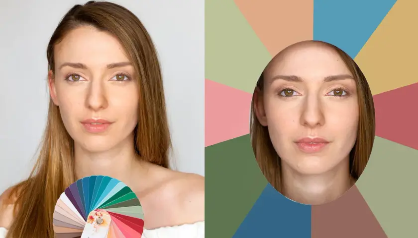 Analiza kolorystyczna: jaki mam typ urody? Kobieta z paletą barw i twarzą na tle geometrycznych kształtów.