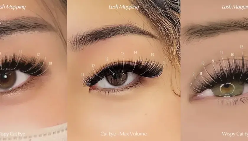 Trzy zbliżenia na oko z doczepianymi rzęsami. Widoczne różne techniki: Wispy Cat Eye, Cat Eye - Max Volume. Rzęsy kocie oko tworzą efektowny wachlarz.