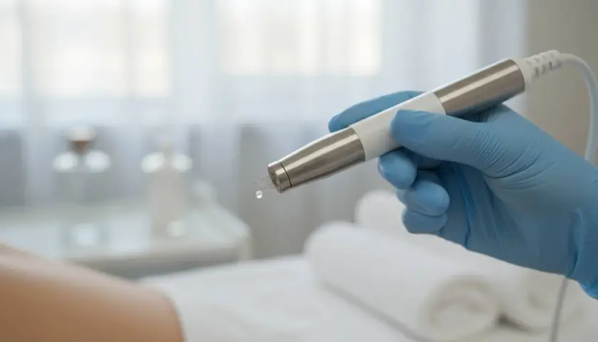 Dłoń w niebieskiej rękawiczce trzyma urządzenie do mikronakłuwania z kropelką serum.