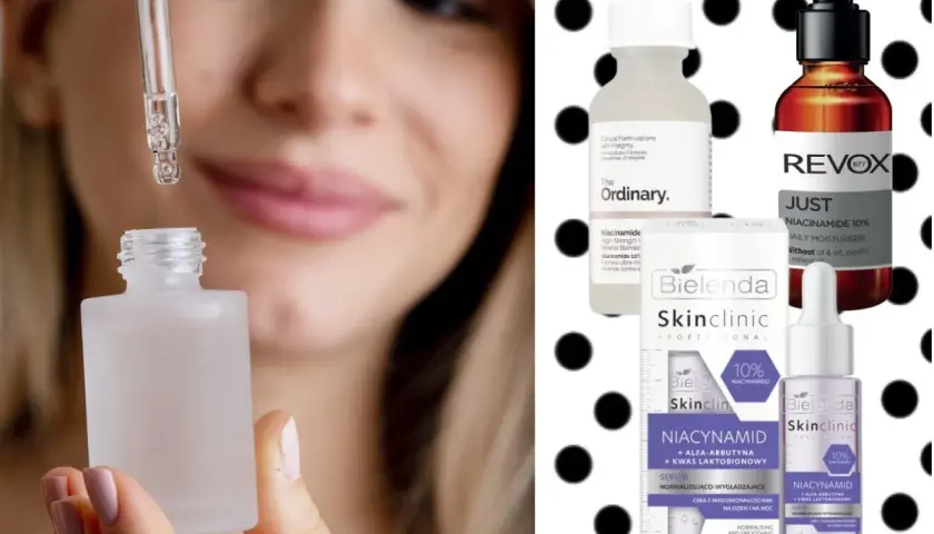 Kobieta aplikuje serum z niacynamidem 5%. Na drugim planie kosmetyki z niacynamidem 10%.
