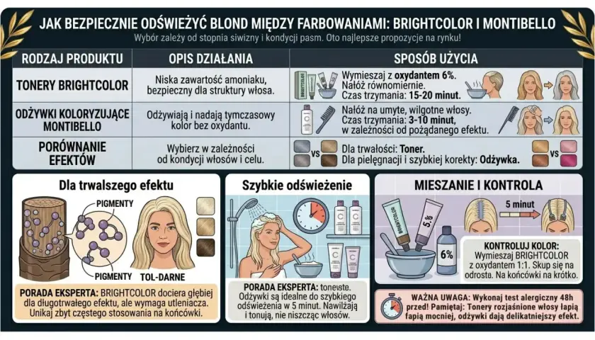 Tonery Brightcolor są bezpieczne dla struktury włosów, nie niszczą ich. Odżywki Montibello odświeżają kolor.