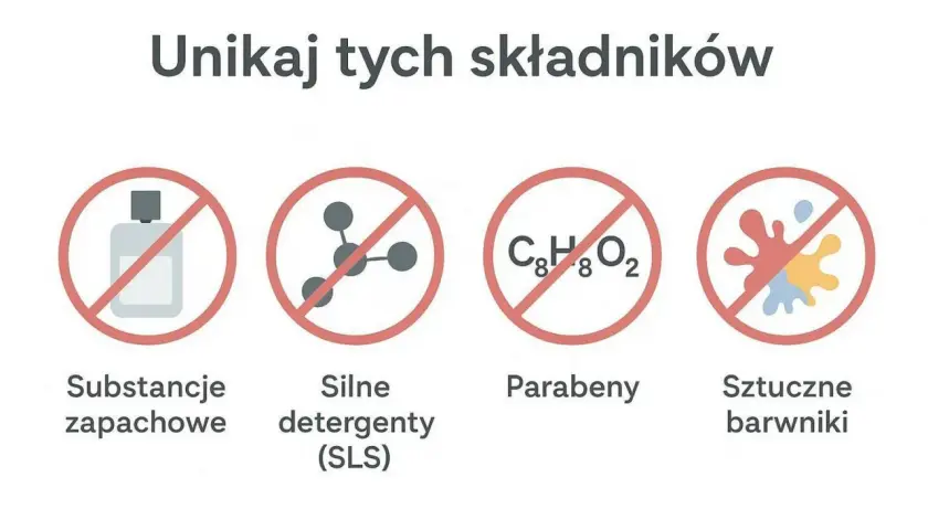 Unikaj substancji zapachowych, silnych detergentów (SLS), parabenów i sztucznych barwników dla produktów hipoalergicznych.